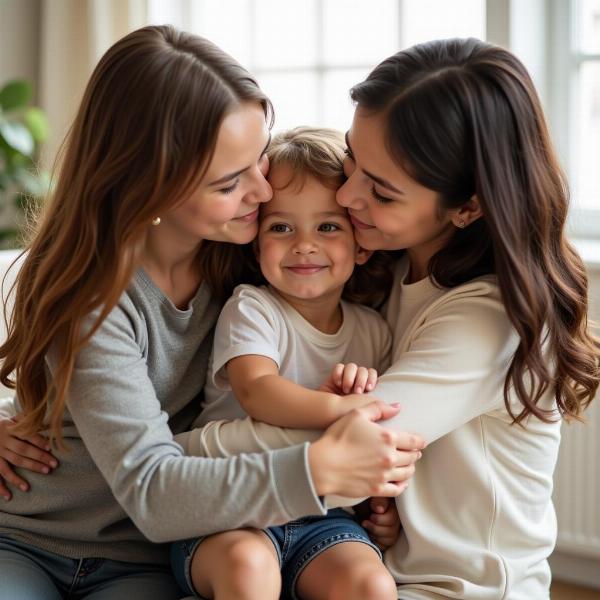 Genitori che abbracciano il loro bambino con affetto.