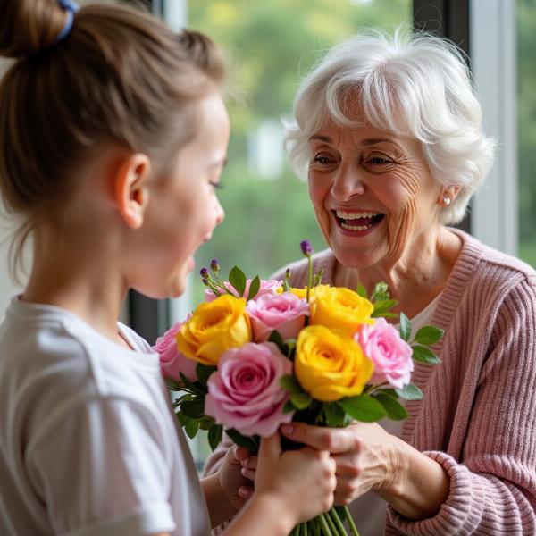 Nipote regala un mazzo di fiori alla nonna per la Festa dei Nonni