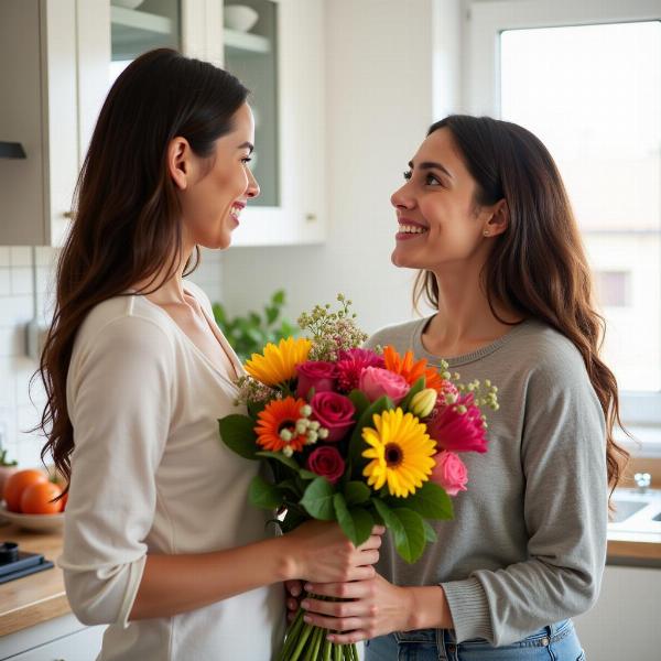 Figlia regala un mazzo di fiori alla mamma