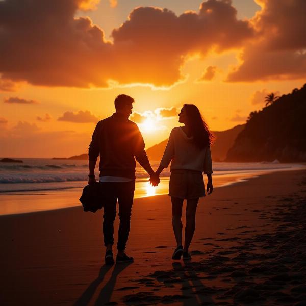 Coppia che si tiene per mano mentre passeggia su una spiaggia al tramonto.