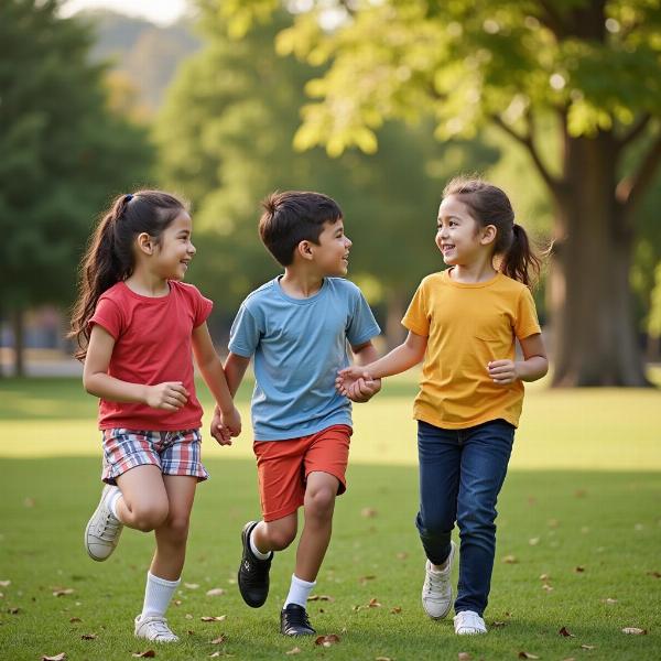 Bambini di diverse etnie che giocano insieme in un parco