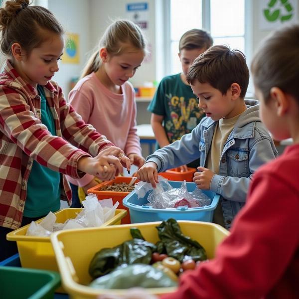 Bambini che fanno la raccolta differenziata a scuola.