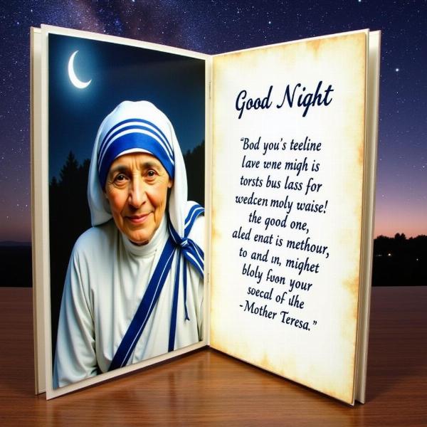 Frasi di Madre Teresa di Calcutta per una buonanotte serena: Một tấm thiệp chúc ngủ ngon với hình ảnh của Mẹ Teresa và một trong những câu nói nổi tiếng của bà.