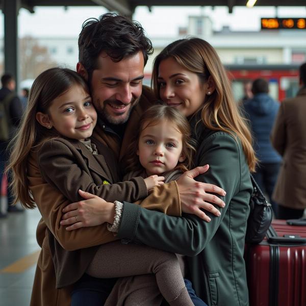 Famiglia si abbraccia prima della partenza per un viaggio