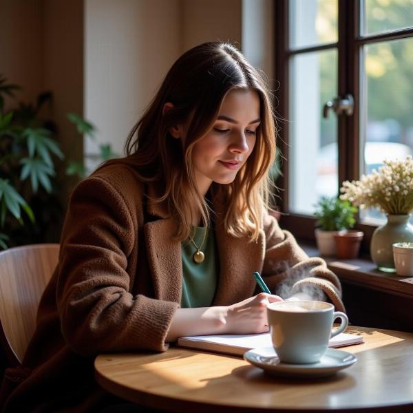 Una donna scrive su un diario in un caffè