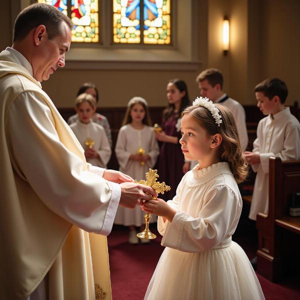 Bambino che riceve la Prima Comunione in chiesa