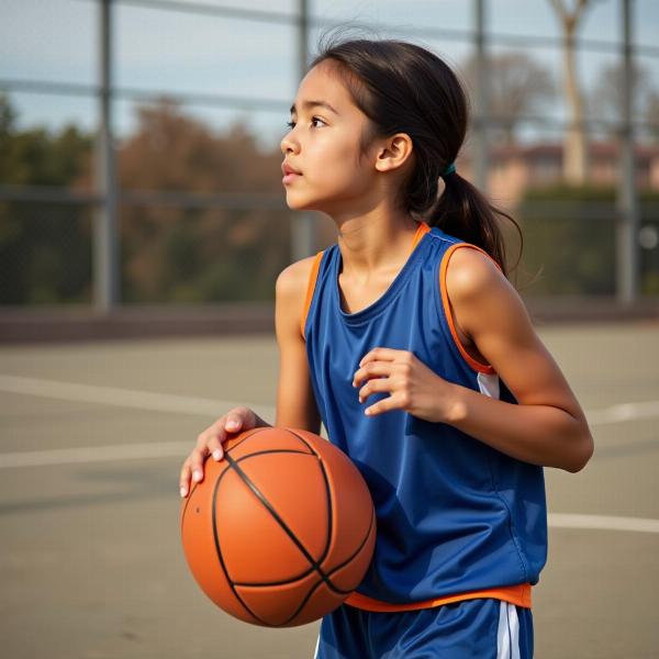 Bambina che si allena a basket con impegno e concentrazione.