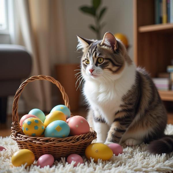 Gatto con uova di Pasqua decorate