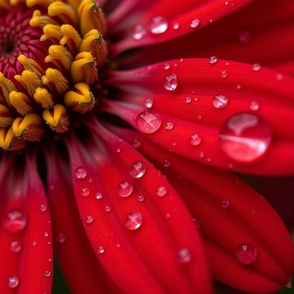 Gocce d'acqua brillano sui petali di un fiore rosso.