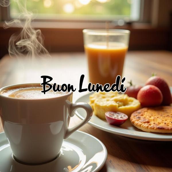 Immagini bellissime buon lunedì: una tazza di caffè fumante e una ricca colazione.