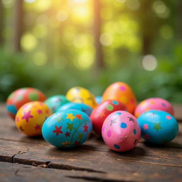 Uova di Pasqua dipinte a mano su un tavolo rustico, pronte per la celebrazione della Pasqua.