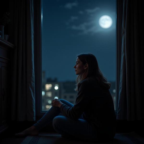 Donna pensierosa guarda la luna dalla finestra di notte