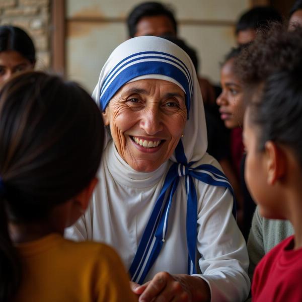 Madre Teresa đang cười với những người nghèo