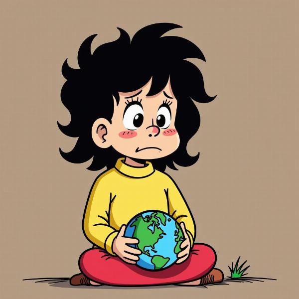 Mafalda seduta pensierosa con un globo terrestre