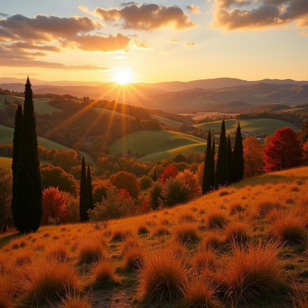 Un suggestivo paesaggio autunnale nelle colline toscane, con i colori caldi del tramonto.