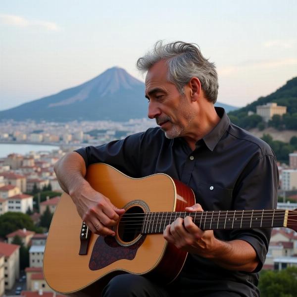 Pino Daniele con la chitarra sullo sfondo di Napoli