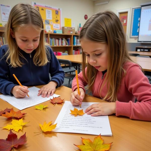 Bambini che scrivono una poesia sulle foglie autunnali