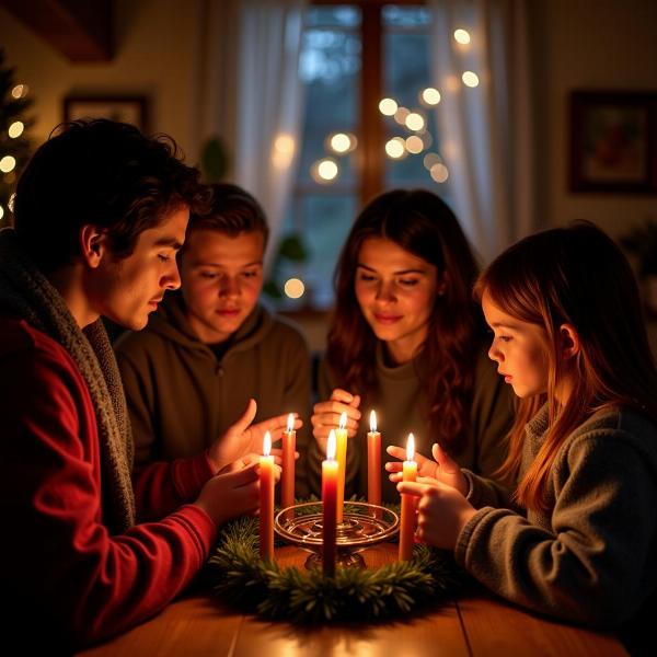 Một gia đình đang cầu nguyện cùng nhau bên cạnh vòng hoa Advent đã được thắp sáng, tạo nên một khung cảnh ấm áp và yên bình của sự kết nối tâm linh trong mùa lễ hội.