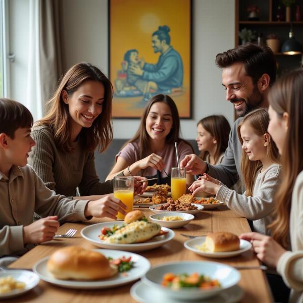 Famiglia che pranza insieme, scoppio di buon umore