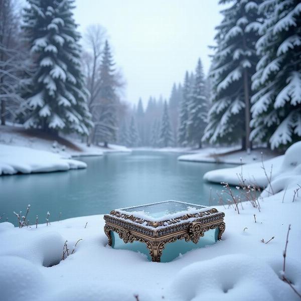 Paesaggio invernale con uno scrigno di ghiaccio immaginario.