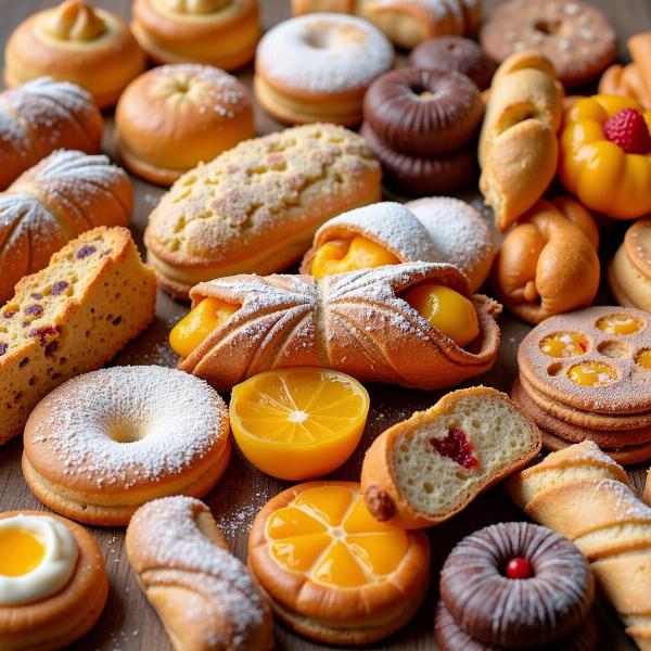 Varietà di dolci italiani - Một bộ sưu tập đầy màu sắc các loại bánh ngọt Ý khác nhau, thể hiện sự đa dạng của ẩm thực Ý.