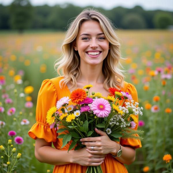 Immagine di una donna sorridente con un bouquet di fiori colorati