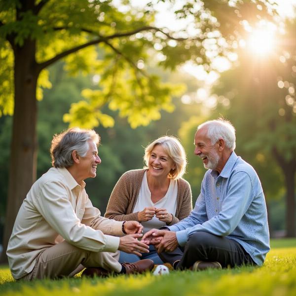 Anziani sorridenti in un parco.