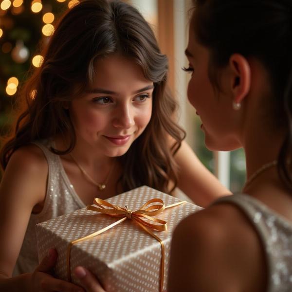 Mamma regala un regalo alla figlia per il compleanno.