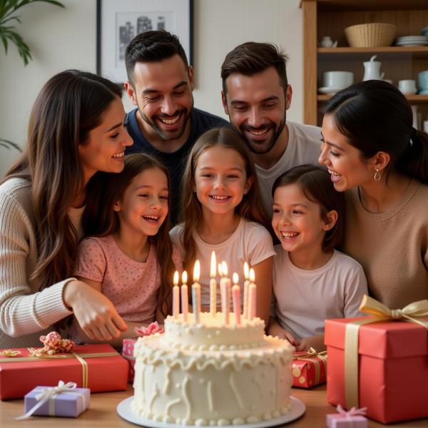 Festa di compleanno in famiglia con torta e regali