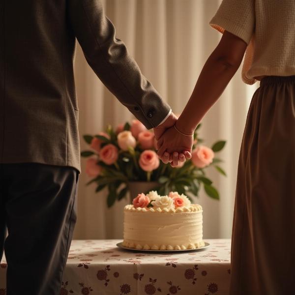 Immagine di una coppia anziana che si tiene per mano, con una torta di anniversario sullo sfondo, per celebrare il loro anniversario di matrimonio.