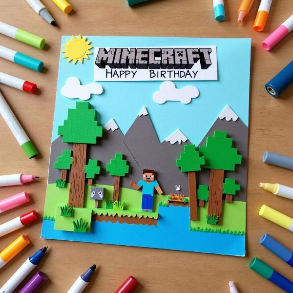 Biglietto auguri Minecraft fatto a mano con cartoncino e colori