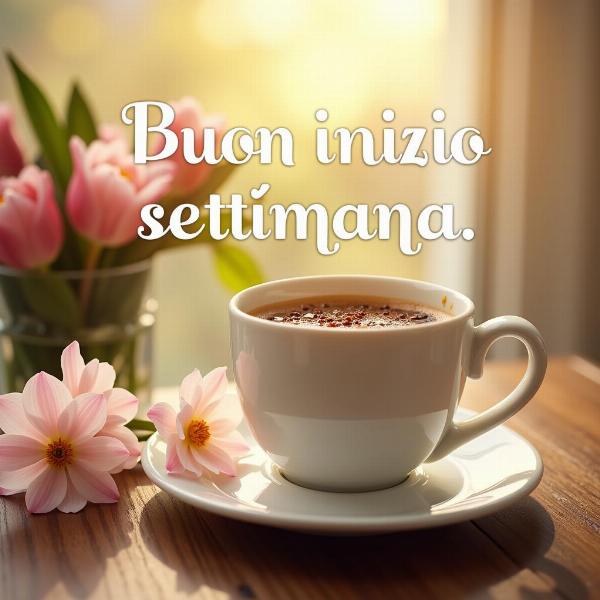 Immagine di buon inizio settimana con tazza di caffè e fiori