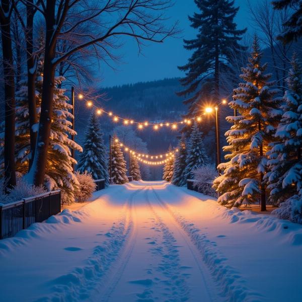 Paesaggio innevato con luci di Natale, augurio di buona notte.