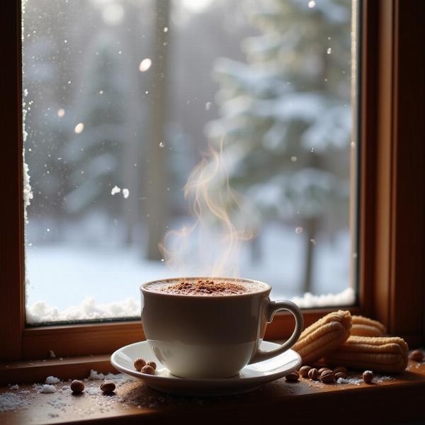 Tazzina di cioccolata calda con neve che cade sullo sfondo