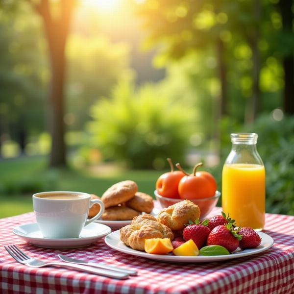 Buongiorno e buona domenica estiva: Immagine di una colazione estiva all'aperto con frutta fresca e caffè.