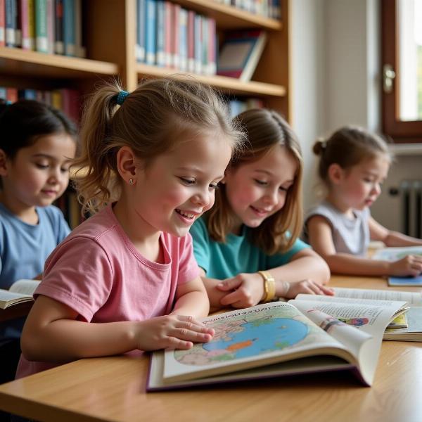 Bambini leggono libri in biblioteca