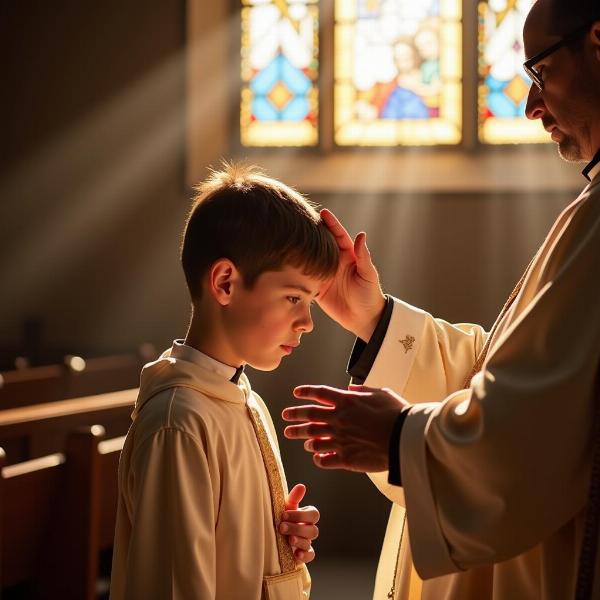 Ragazzo che riceve la Cresima in chiesa