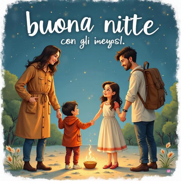 Famiglia e amici che si augurano la buona notte con gli angeli custodi