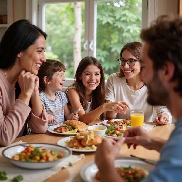 Famiglia felice che pranza insieme di sabato.