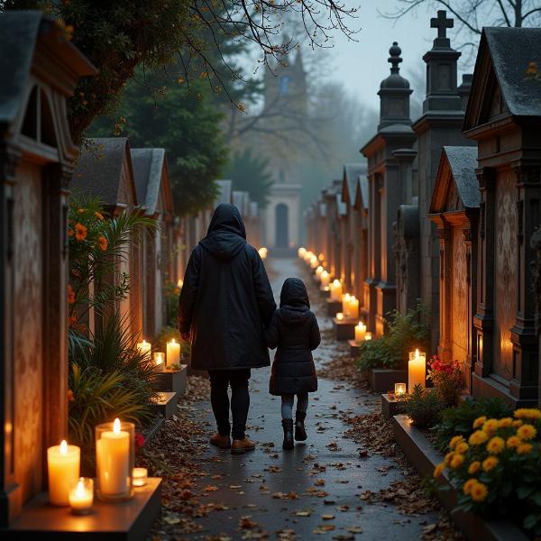 Famiglie che visitano i cimiteri durante la Festa di Tutti i Santi