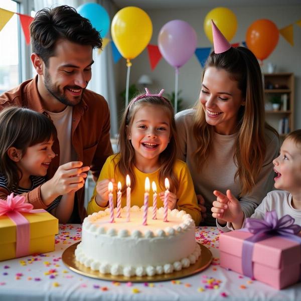 Una famiglia che festeggia un compleanno con una torta e regali, con un'atmosfera gioiosa e festosa.