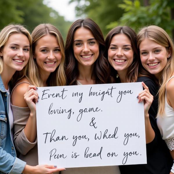 Un gruppo di amici sorridenti che tengono in mano un cartello con frasi di auguri per il matrimonio.