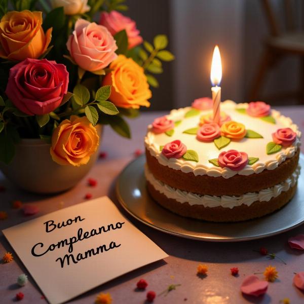 Frasi belle per il compleanno della mamma con torta e fiori