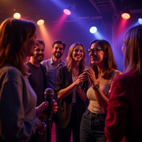 Hình ảnh minh họa một nhóm bạn đang hát karaoke, cùng nhau chia sẻ niềm vui và những khoảnh khắc đáng nhớ.