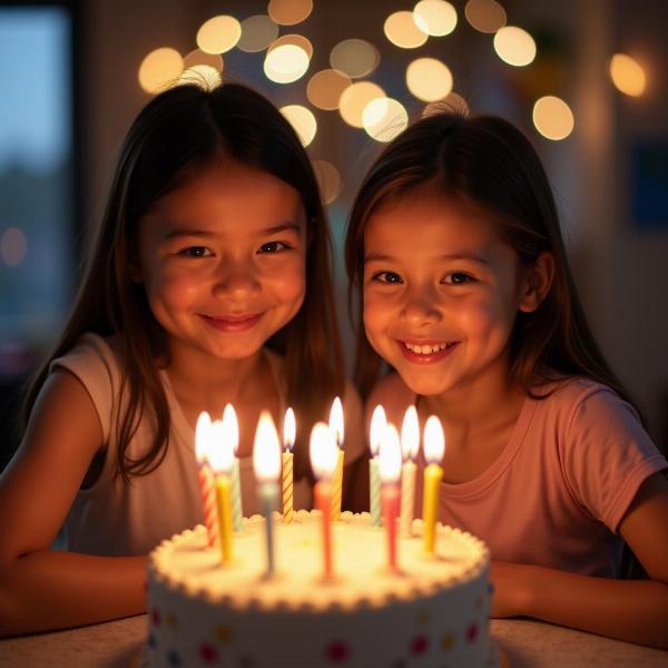 Frasi compleanno sorella: Una torta di compleanno con candeline accese e due sorelle sorridenti.