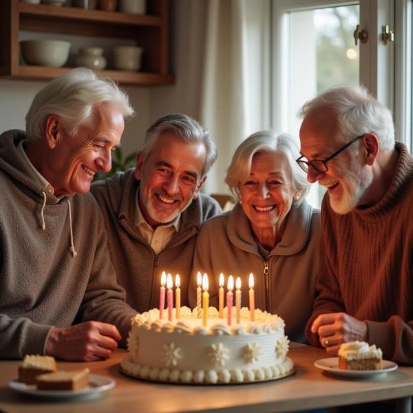 Amici anziani ridono insieme a una festa di compleanno