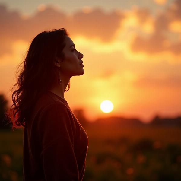 Una persona guarda un'alba con espressione serena. L'immagine rappresenta la pace interiore ritrovata dopo un periodo difficile.