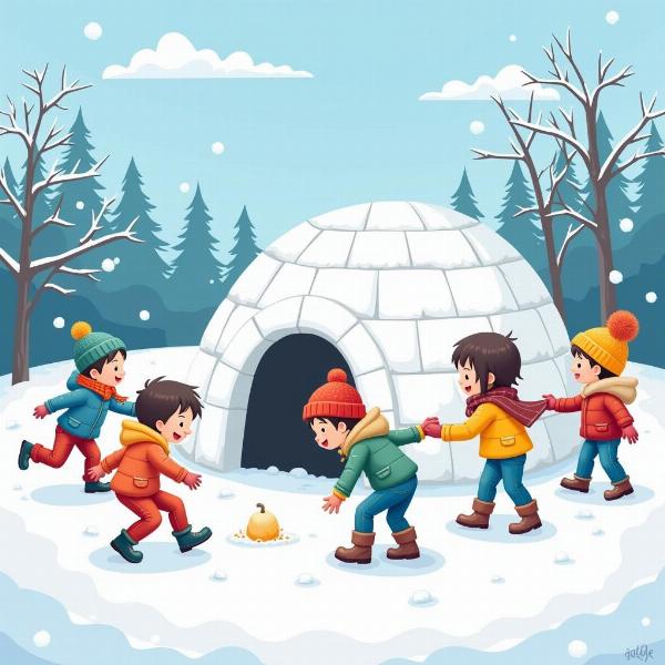 Igloo con bambini che giocano nella neve