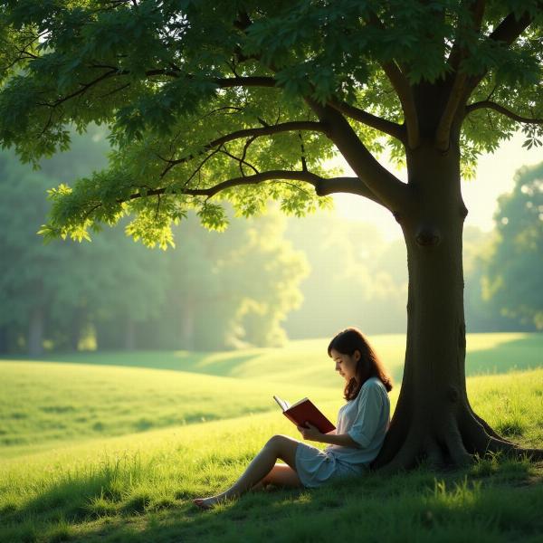 Una persona seduta sotto un albero, immersa nella lettura di un libro, con un'espressione serena e riflessiva.