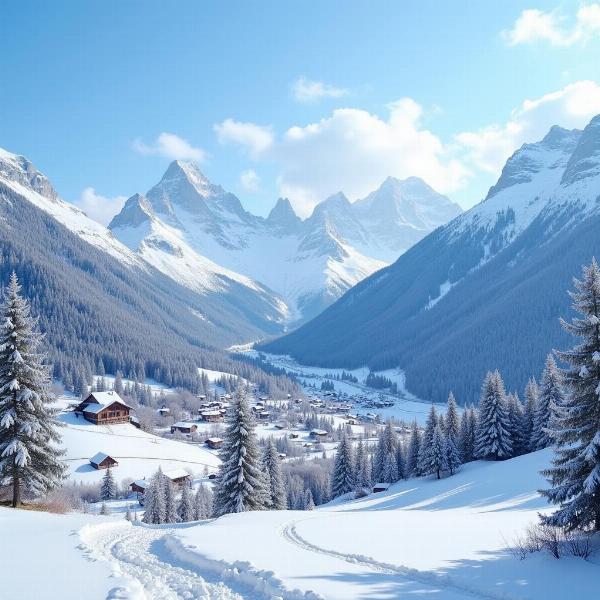 Paesaggio invernale con montagne innevate e un piccolo villaggio